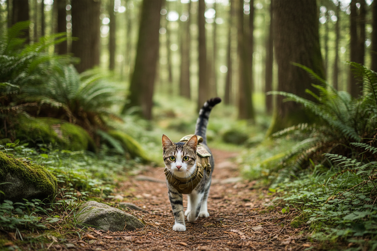 Cat in Tactical Harness on Trail