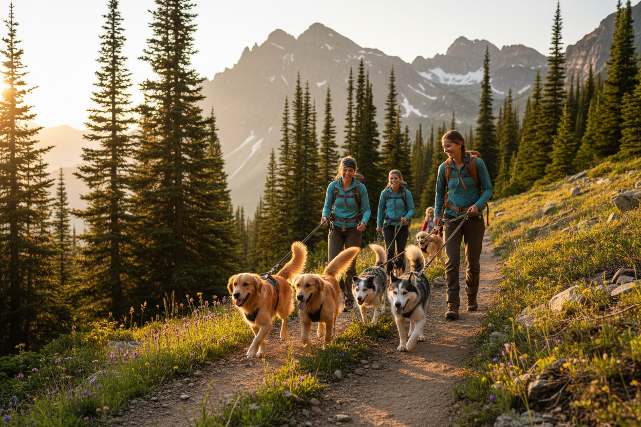 Dogs hiking with owners